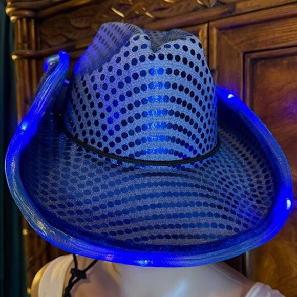 Light Up Royal Blue Sequin Felt Western Hat with Adjustable Chin Strap - Picture 9 of 12